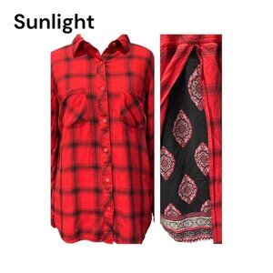 SOHO Women SZ M Red Plaid Button Up Lightweith Shirt Slit Insert Back Casual